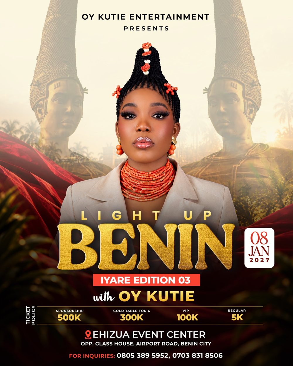 Light Up Benin Iyare Edition 03 flyer: OY Kutie in coral beads, 8 January 2027, Ehizua Event Center
